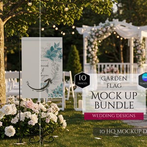 Puede incluir: Un paquete de maquetas de banderas de jardín con diseños de boda. La bandera presenta un diseño floral con acentos turquesa y texto. La escena incluye un arco de boda, sillas y arreglos florales, con texto que dice "10 Images" y "10 HQ Mockup Designs."