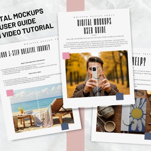 K&ouml;nnte beinhalten: Ein Benutzerhandbuch f&uuml;r digitale Mockups mit einer 3-stufigen kreativen Reise. Der Leitfaden enth&auml;lt Anweisungen, was im Mockup-Paket enthalten ist, welche Tools die Leute ben&ouml;tigen und ein Video-Tutorial. Der Leitfaden enth&auml;lt auch einen Abschnitt mit h&auml;ufig gestellten Fragen.