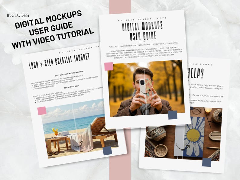 K&ouml;nnte beinhalten: Ein Benutzerhandbuch f&uuml;r digitale Mockups mit einer 3-stufigen kreativen Reise. Der Leitfaden enth&auml;lt Anweisungen, was im Mockup-Paket enthalten ist, welche Tools die Leute ben&ouml;tigen und ein Video-Tutorial. Der Leitfaden enth&auml;lt auch einen Abschnitt mit h&auml;ufig gestellten Fragen.