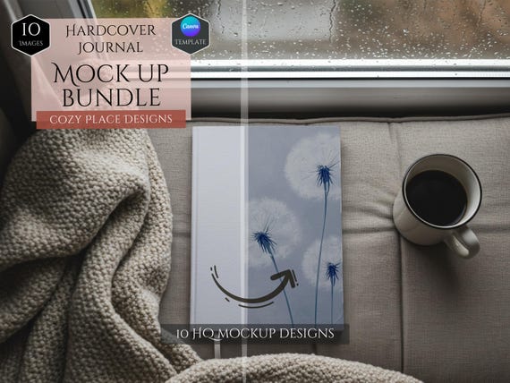 Hardcover Journal Mockup Bundle -10 Cozy Home Space Designs Mockups -Cozy Nook Space -Full wraparound print Journal Mockup-Canva Template