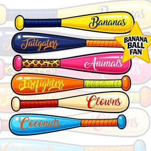 May include: Six baseball bats in vibrant colours, each labelled with a team name such as "Bananas" and "Tailgaters." The bats have distinct designs and fonts. A yellow star graphic displays "Banana Ball Fan." The image is set against a white background.