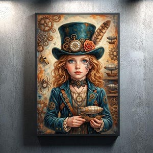 May include: A framed portrait in the steampunk style, depicting a young person with fair skin, wearing a teal top hat with a rose and feather, and a matching jacket. The artwork features clockwork and airship details, set against a textured background.