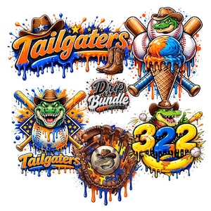Könnte beinhalten: Digitales Grafikdesign mit Baseball-Illustrationen und einem Alligator mit Cowboyhut. Das Design umfasst Basebälle, Schläger, einen Handschuh und die Texte "Tailgaters" und "Drip Bundle" mit einem tropfenden Farbeffekt. Das Farbschema ist orange, blau und braun.