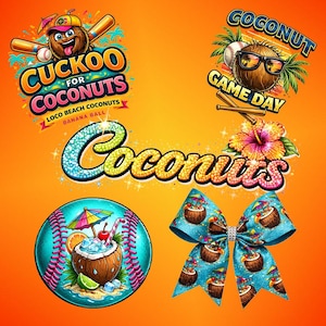 Könnte beinhalten: Auf einem leuchtend orangefarbenen Hintergrund sind verschiedene Designs mit tropischem Thema zu sehen. Dazu gehören Basebälle, Kokosnüsse und Texte wie "Cuckoo for Coconuts" und "Coconut Game Day". Eine blaue Schleife mit Kokosnuss-Drink-Grafiken ist ebenfalls vorhanden.