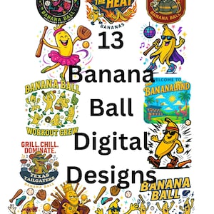 Bananenball-Bundle, 13 hochauflösende, wunderliche Designs (PNG), lustige Baseball-Clipart für T-Shirts, Aufkleber & mehr!