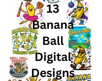Banana Ball Bundle,  13 High-Resolution Whimsical Designs (PNG), Fun Baseball Clip art for T-Shirts, Stickers & More!