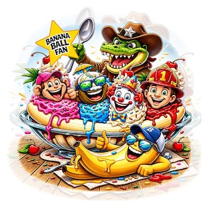 May include: A vibrant cartoon image of a banana split sundae with smiling characters. A crocodile in a cowboy hat holds a spoon above the sundae. The sundae has various toppings and characters, with the text "BANANA BALL FAN" on a star.