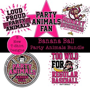 Può includere: Una collezione di grafiche rosa e nere con i testi "Party Animals" e "Banana Ball". I disegni includono una stella, un cerchio e una scimmia che gioca a baseball. È presente anche il testo "Too Wild For Regular Baseball".