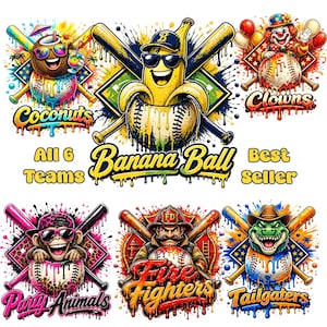 Peut inclure: Graphiques colorés avec des balles de baseball et des personnages de dessins animés. Les motifs incluent une noix de coco avec des lunettes de soleil, une banane portant une casquette, un clown, un singe, un pompier et un alligator. Texte : "Coconuts", "Banana Ball", "Clowns", "Party Animals", "Fire Fighters", et "Tailgaters".