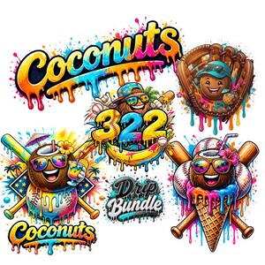 Könnte beinhalten: Ein lebendiges digitales Kunstpaket mit Cartoon-Kokosnüssen mit Sonnenbrillen, Baseballschlägern und Basebällen. Das Wort "Coconuts" wird in farbenfrohem, tropfendem Text zusammen mit dem Text "322" und "Drip Bundle" angezeigt.
