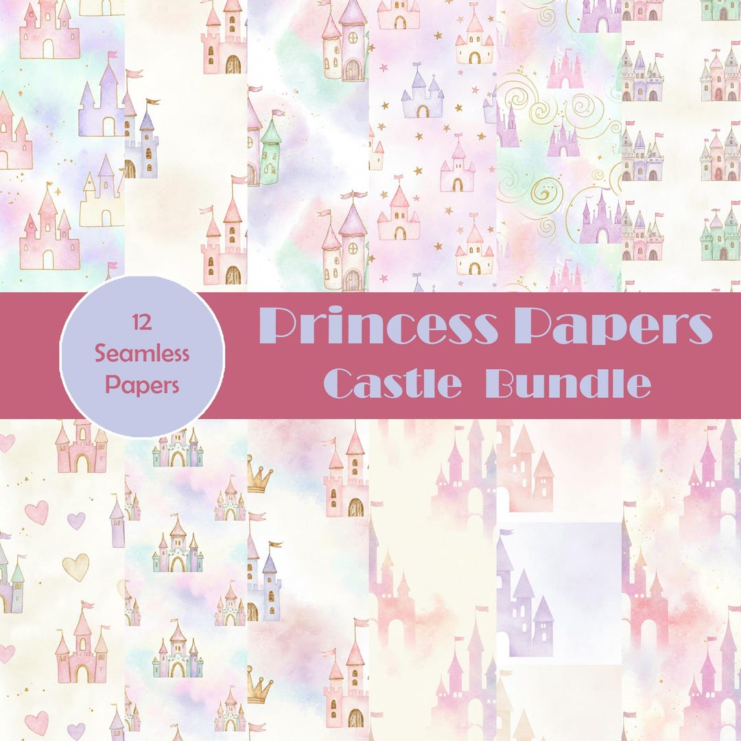 Princess Castles Digital Paper Pack, Pink Princess Seamless Patterns 12 ...