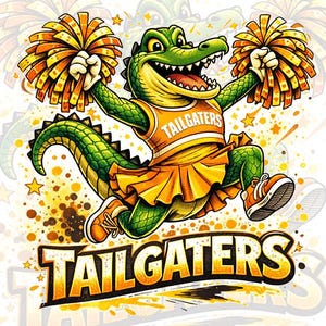 Op de afbeelding: Een cartoonafbeelding van een groene alligator als cheerleader met oranje en gele pompons. De alligator draagt een oranje rok en een trui met "TAILGATERS" erop. Het woord "TAILGATERS" staat ook in grote letters onderaan de afbeelding.