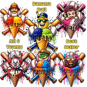 Op de afbeelding: Kleurrijke cartoon illustraties van ijsjes met honkbal thema's. Elke kegel heeft een ander karakter, waaronder een brandweerman, banaan, aap, clown, alligator en kokosnoot. De tekst "Banana Ball" en "All 6 Teams" zijn zichtbaar.