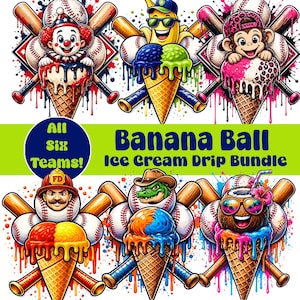 Può includere: Illustrazione digitale con sei coni gelato con personaggi a tema baseball. Ogni cono presenta un personaggio diverso, tra cui un clown, una banana, una scimmia, un pompiere, un alligatore e una noce di cocco. È presente anche il testo "Banana Ball Ice Cream Drip Bundle".