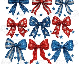 Patriotic Sparkly Bow Clipart, Red White Blue Glitter (Digital Download)