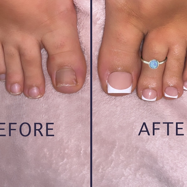 Press on toe nails, French tip, white tips, BIAB top coat