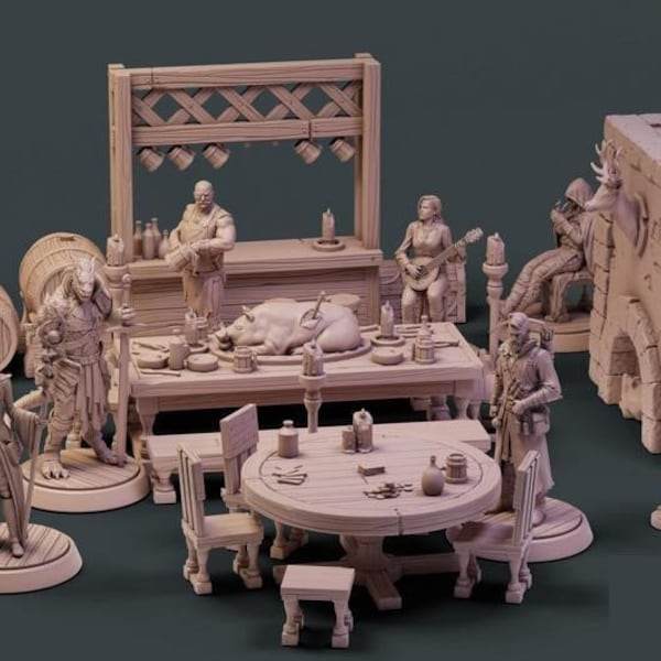 Tavern Bar DnD Miniature Terrain, Dungeons and Dragons, D&D, Enemies And Adventurers, Wargaming, Tabletop, 32mm