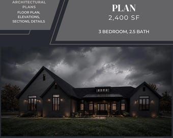 Modern House Architectural Plans: 3 Bed, 2.5 Bath Full Set Construction Drawings