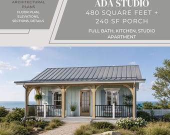 May include: Architectural plans for an ADA accessible studio apartment featuring 480 square feet of interior space and a 240 square foot porch. The rendering shows a light blue cottage with a metal roof, wooden porch supports, and a front door.