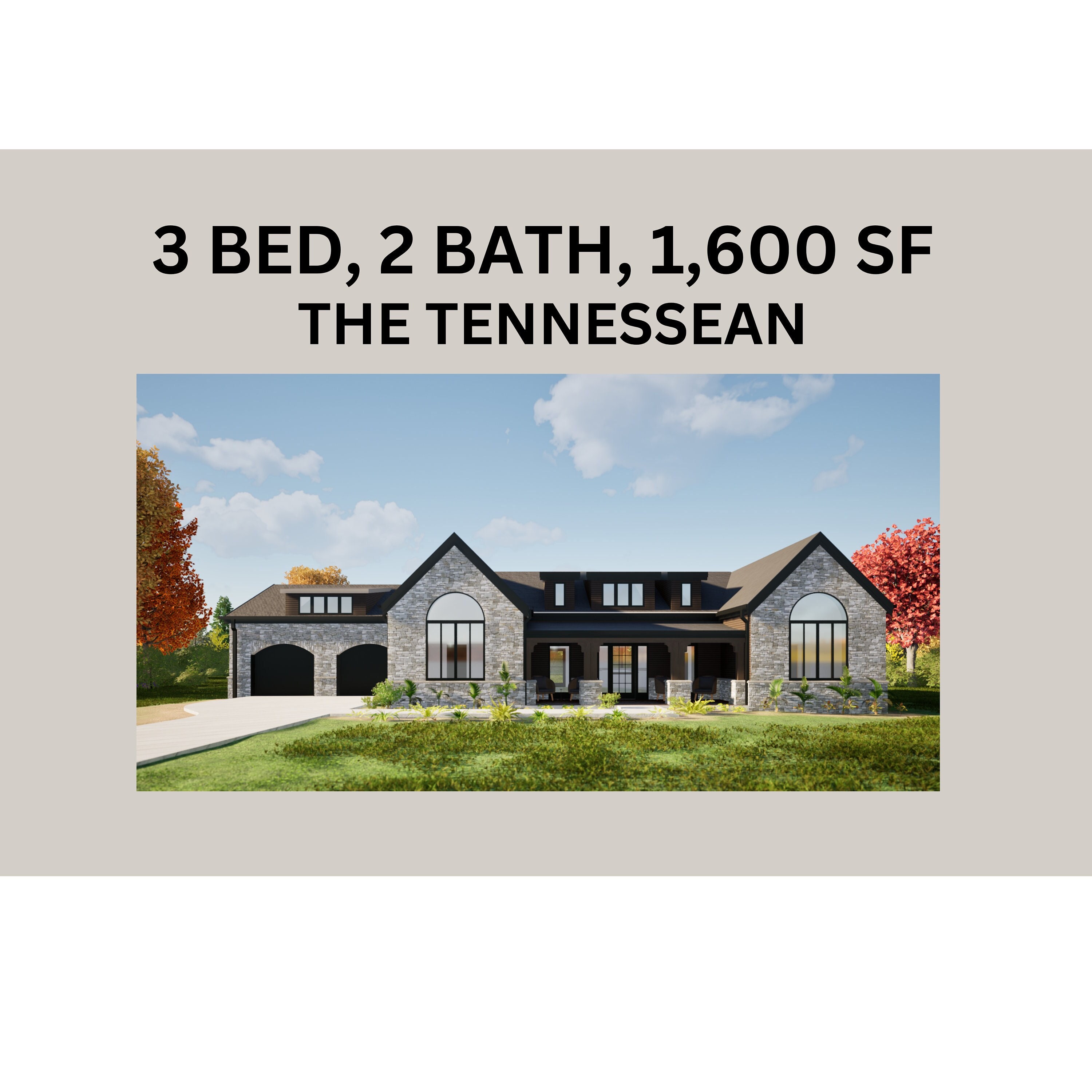 Modern Tennessean House Plans Blueprints Full Set of Drawings Three Bed Three Bedroom Attached Garage Affordable Architect Plans