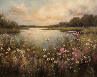 May include: A painting of a lake with a field of wildflowers in the foreground. The sky is a soft blue with white clouds and the water is a light blue. The flowers are a mix of white and pink.