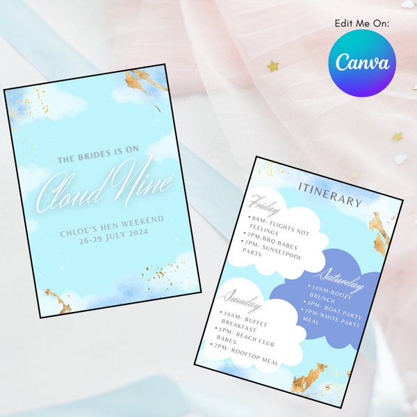 Cloud Nine, Cloud 9, Cloud, Hen Party, Bachelorette, Baby Blue, Invitation, Itinerary, Weekend Hen, Cloud Invite, Cloud9 Bride, Cloud Theme