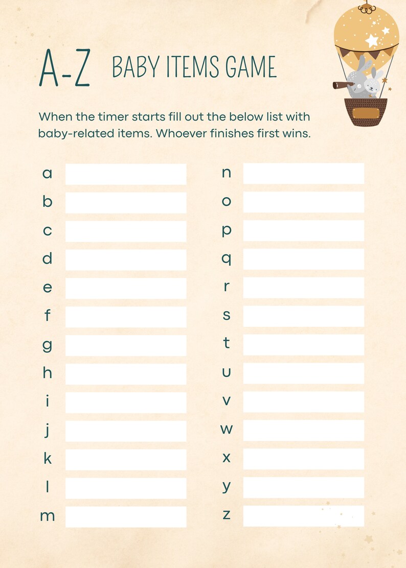 Editable Canva Baby Shower Game A-Z Baby Items Game Babyshower Gender ...
