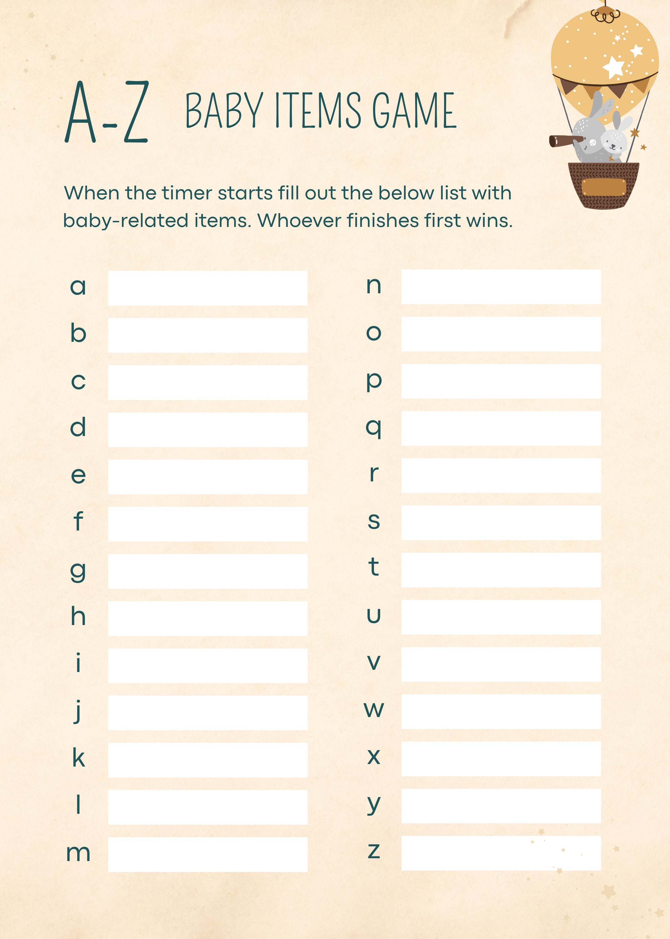 Editable Canva Baby Shower Game A-Z Baby Items Game Babyshower Gender ...