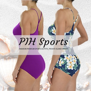 May include: Two women wearing one-piece swimsuits. The swimsuit on the left is solid purple. The swimsuit on the right is navy blue with a white floral print. The text "PIH Sports" and "HAWAIIAN PREMIUM SPORTS OUTFITS_PRIVATE ISLAND HAWAII" is displayed below the women.