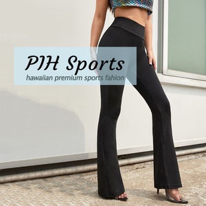 May include: Black flared pants with a high waist. The pants are made of a stretchy material and have a comfortable fit. The text "PJH Sports" and "hawaiian premium sports fahion" is visible on the image.
