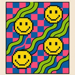 Puede incluir: Un gráfico vibrante de estilo retro con cuatro caras sonrientes amarillas pixeladas con contornos negros. Cada cara sonriente está conectada a una línea ondulada verde sobre un fondo a cuadros de cuadrados rosas y azules. La obra tiene un ambiente juguetón y alegre.