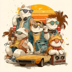 May include: Five cats wearing sunglasses and retro clothing, including denim jackets, are gathered together. They are holding boomboxes and a yellow car. The background is a sunset with palm trees.