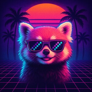 Paquete de imágenes PNG de criaturas estilo Vaporwave retro / Sublimación con estética de los 80 / Rana, gato, ajolote, mapache, panda rojo / Descarga digital para camisetas y vasos