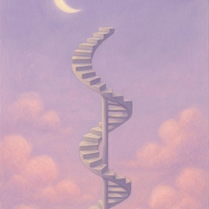 May include: An ethereal painting depicts a spiral staircase ascending into a lavender sky. A crescent moon shines above, and soft pink clouds drift around the staircase. The artwork evokes a dreamlike atmosphere.
