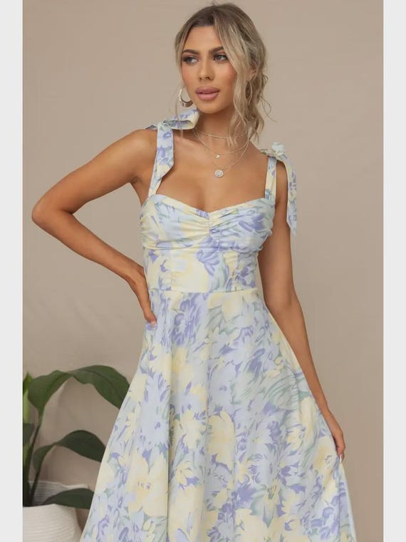 Women's V Neck Tie Strap Dress Flowy Dresses