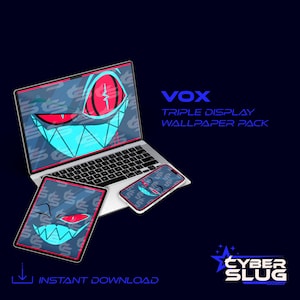 Puede incluir: Un paquete de fondos de pantalla para triple pantalla para Vox con un diseño de monstruo digital azul y rojo con el texto "Cyber Slug" en una explosión de estrellas.