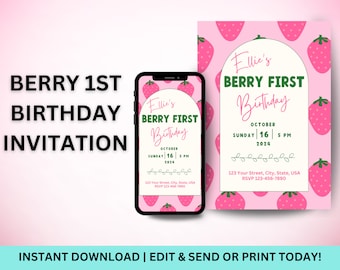 Aardbeienverjaardag, Berry-verjaardag, Aardbeienuitnodiging, Aardbeienfeest, Meisjesverjaardag, Uitnodigingssjabloon, Berry-uitnodiging