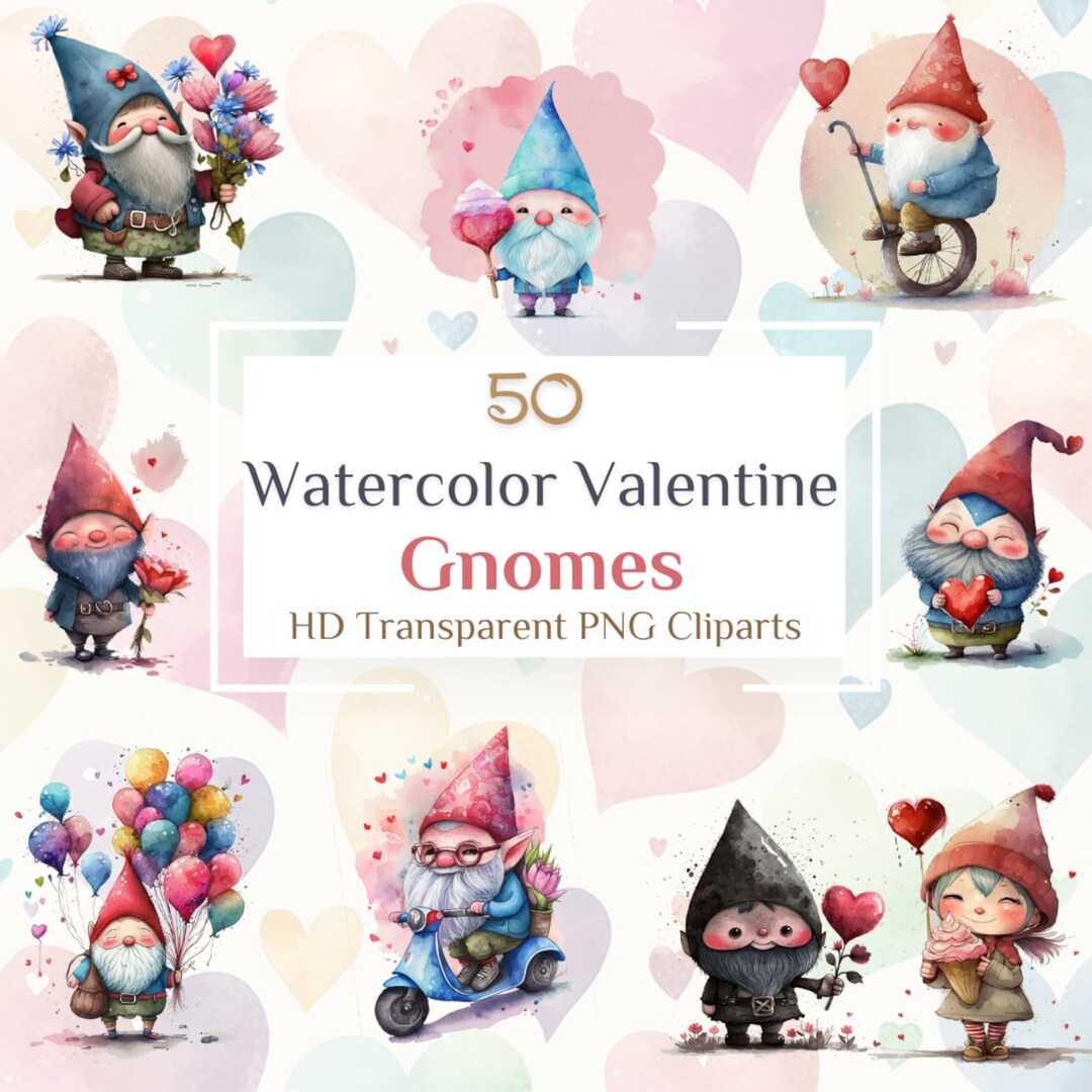 50 Unique Clipart Watercolor Styled Valentine Gnome Images, Cute Gnome ...