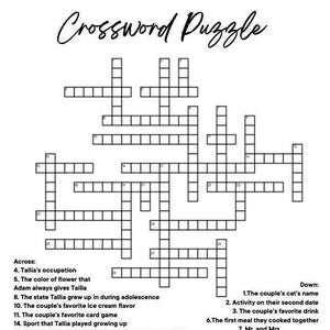 Personalized Crossword Puzzle Printable for Wedding, Bachelorette Party, Bridal Shower, Birthday Party, Graduation