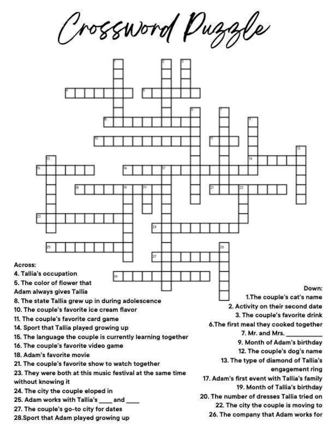 Personalized Crossword Puzzle Printable for Wedding, Bachelorette Party ... Personalized Crossword Puzzle Printable for Wedding, Bachelorette Party ...