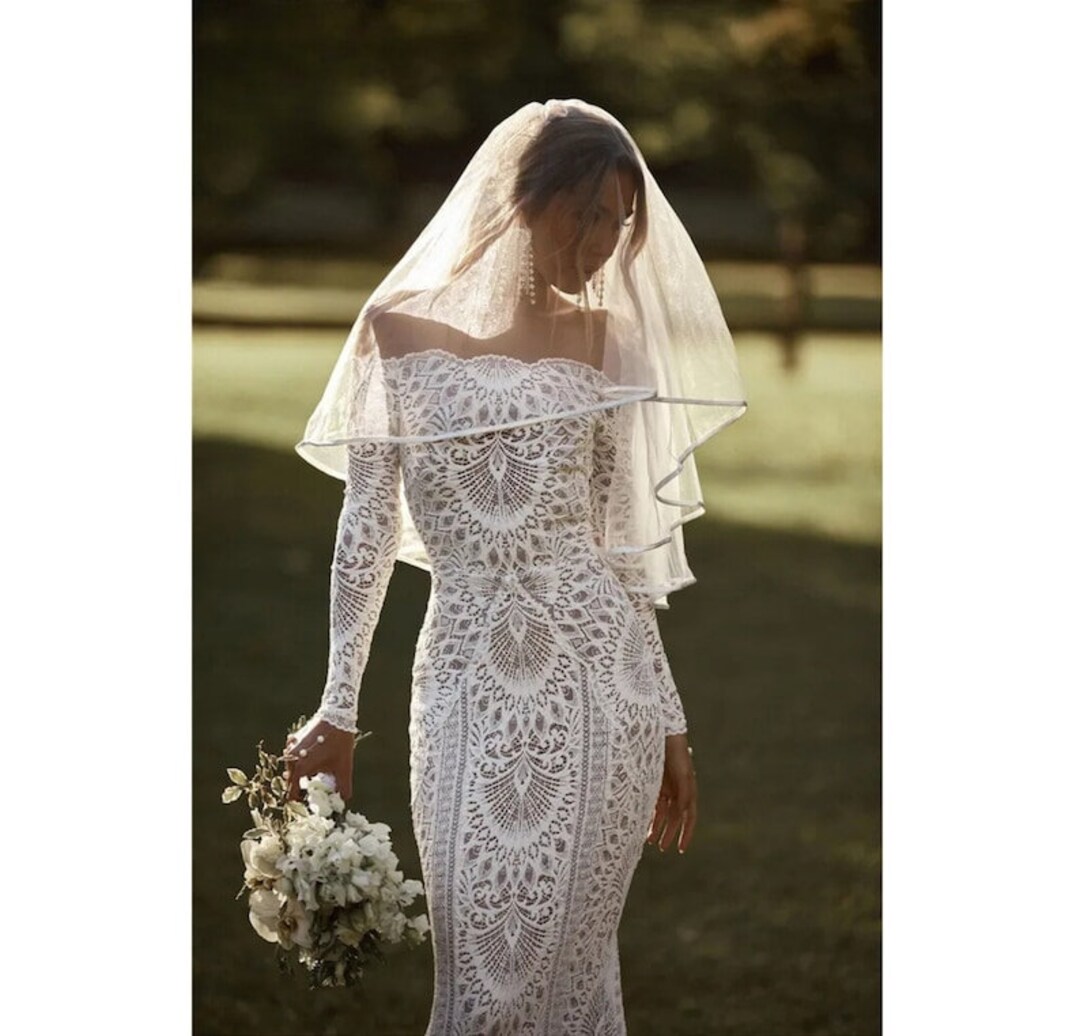 Boho Off Shoulder Lace Applique Mermaid Wedding Dress