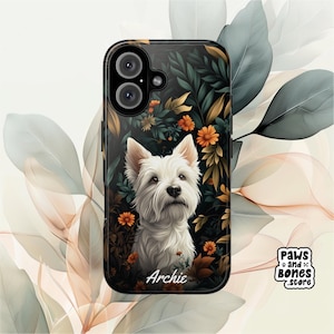 Westie Handyhülle, Botanische Kunst, personalisiert, Benutzerdefinierter Haustiername, iPhone, Samsung Galaxy, Google Pixel, West Highland White Terrier