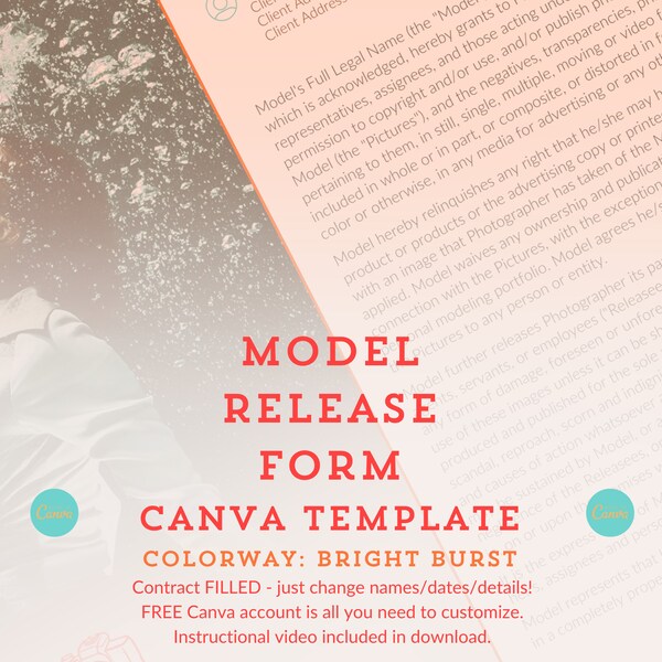 Model Release Form Photography Contract Template for Canva | Bright Burst | Comes with Instructional Video | 2024 Trending Colors