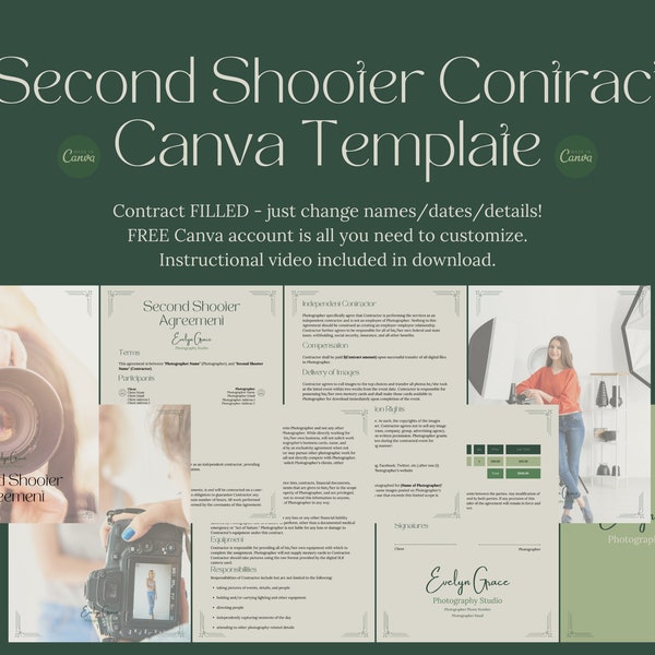 Second Shooter Photography Contract Template for Canva | Forest Greens | Free Canva Account Needed | Comes with Instructional Video