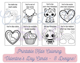 Kids Valentine's Day Coloring Cards - Printable Fun for Kids - 8 Designs of Love and Creativity! Back Panel Included! Digital Download