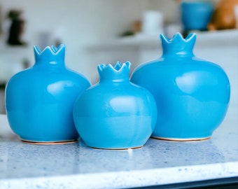 Decorative Ceramic Pomegranate Vase, Blue Color Vase, Pomegranate Ornament, Handmade Ceramic, Home Decor, Table Decor, Office Decoration