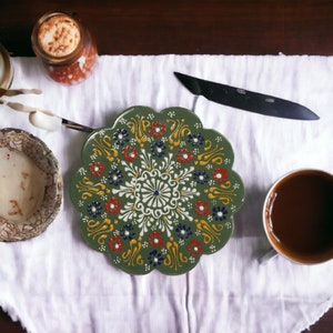 Green Turkish Ceramic Handmade Trivet For Hot Pot, Best Gift Ceramic Lovers, Trivet for Kitchen Decor, Hot Pot, Ceramic Trivet