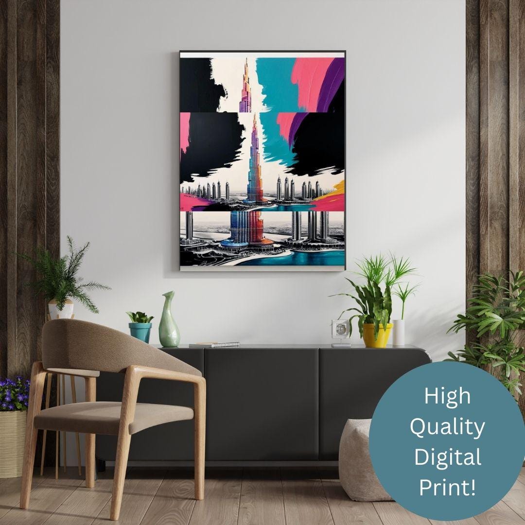 Burj Khalifa Wall Art Print | Plakat Dubai Skyline | Ilustracja nowoczesnej architektury | Do pobrania w wersji cyfrowej | Dekoracja miejska