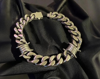 Barbed Wire Bracelet, Cuban Chain, 316L Stainless Steel, Punk Jewelry
