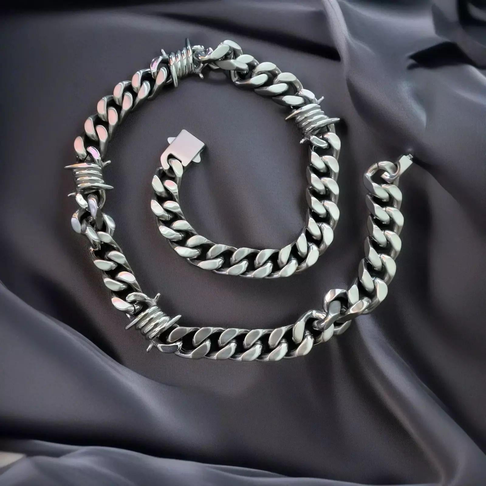 Collier fil de fer barbelé, chaîne cubaine, acier inoxydable 316L, bijoux punk